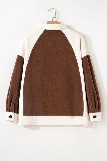 Colorblock Fleece Patchwork Button Down Shacket